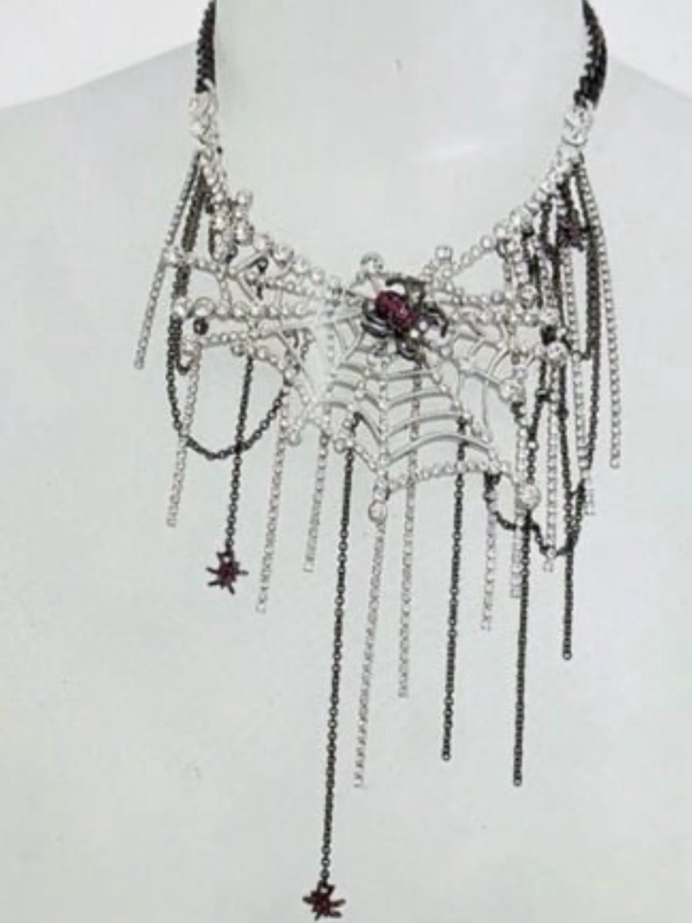 BETSEY JOHNSON Halloween Crystal-Studded Web with Dangling Spiders Necklace NWT - Picture 3 of 16